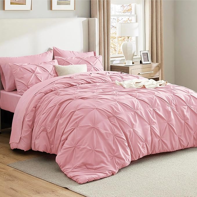 Bedsure Twin Comforter Set Baby Pink - Bed in a Bag Twin Size Bedding 5 Pieces, GentleSoft™ Pintuck Bed Set Gift for Family, Pinch Pleat Pink Comforter with Sheets, Pillowcase & Sham