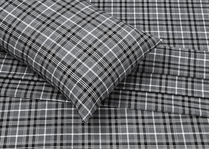 RUVANTI Flannel Sheets Split King Size - 100% Cotton Brushed Split King Bed Sheets Set, Deep Pockets 16 Inches, All Seasons Breathable & Extra Soft, Warm & Cozy, 5 Piece, Grey Plaid