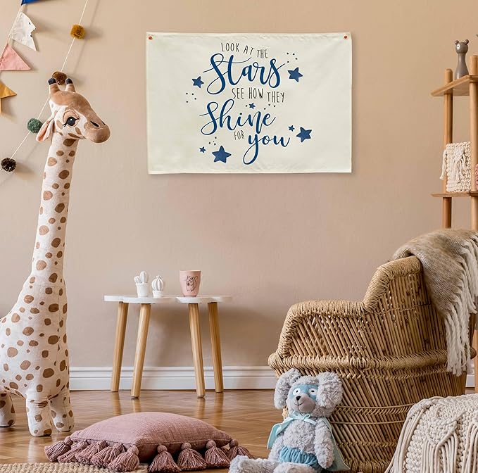 Boho Rectangular Banner Flag Wall Sign Decor Gift for Boy Girl Kids,Nursery Baby Room Above Crib Bedroom Playroom Living Room Wall Decor-Look At the Stars See-Baby Shower Birthday Christmas Gift