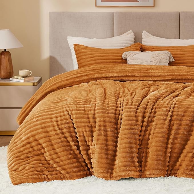 BEDELITE Fleece King Comforter Set -Super Soft & Warm Fluffy Rust Orange Bedding, Luxury Fuzzy Heavy Bed Set for Winter with 2 Pillow Cases