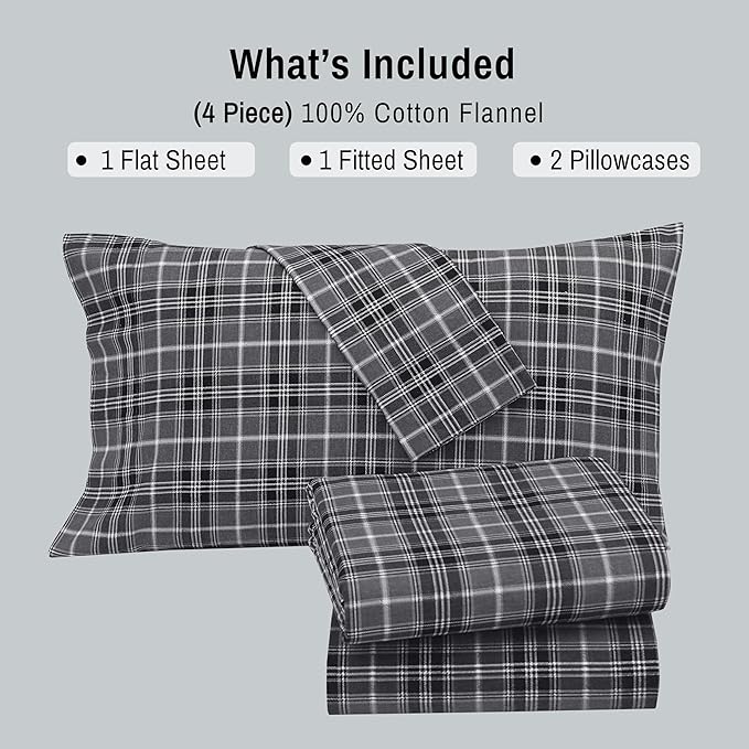 RUVANTI Flannel Sheets Queen Size - 100% Cotton Double Brushed Bed Sheets, Deep Pockets 16 Inches Queen Sheet Set, All Seasons Breathable & Extra Soft - Warm & Cozy, 4 Piece, Grey Plaid