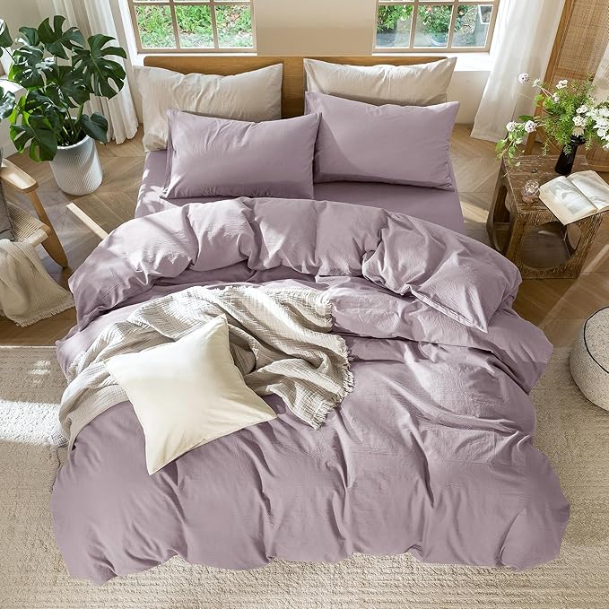 MooMee Bedding Duvet Cover Set 100% Washed Cotton Linen Like Textured Breathable Durable Soft Comfy (Solid Taro Purple, King 104"x90")