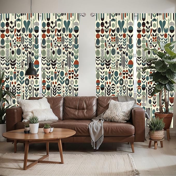 Ambesonne Leafy Art Window Curtains Pack of 2, Scandinavian Leaves Pattern with Geometric Roundy Modern Boho Print, Lightweight Set with Rod Pocket, 4 Panels of - 28" x 63", Pale Green Redwood Teal
