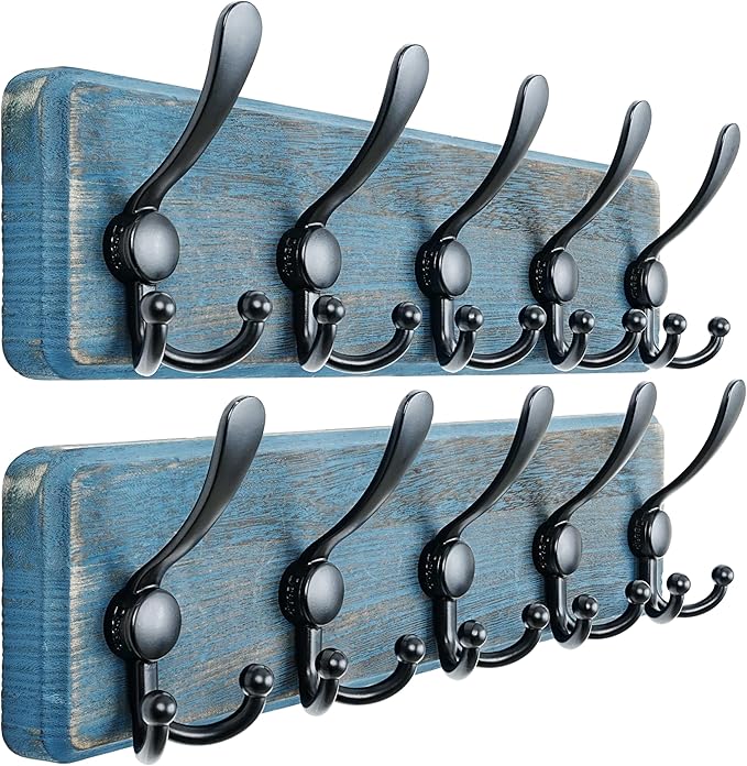 Dseap Coat Rack Wall Mount - Heavy-Duty Robust Barnwood-Style Wooden Wall Coat Hanger Hook Rail with 5 Triple Hooks for Winter Coats Hat Jacket Clothing, Weathered Blue & Black, Pack of 2