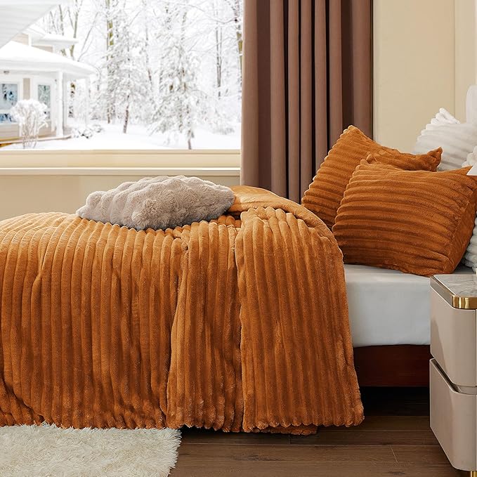 BEDELITE Fleece King Comforter Set -Super Soft & Warm Fluffy Rust Orange Bedding, Luxury Fuzzy Heavy Bed Set for Winter with 2 Pillow Cases