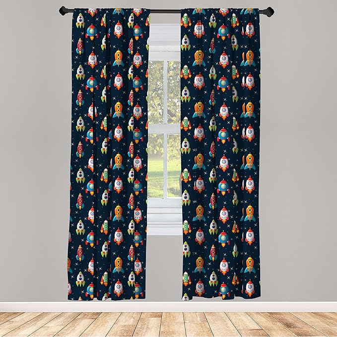 Ambesonne Spaceship Window Curtains, Cartoon Style Space Crafts Flying Through Cosmos Stared Background Astronauts, Lightweight Decor 2-Panel Set with Rod Pocket, Pair of - 28" x 95", Multicolor
