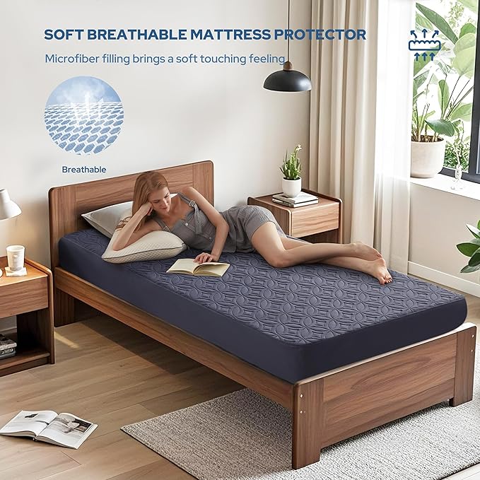 BEDLORE Waterproof Mattress Protector, Twin XL Size Mattress Pad with Deep Pocket 6"-15" Depth, Soft Dirt-Proof Double Bed Mattress Cover for Bedroom, College Dorm, Hotel (Navy Blue)