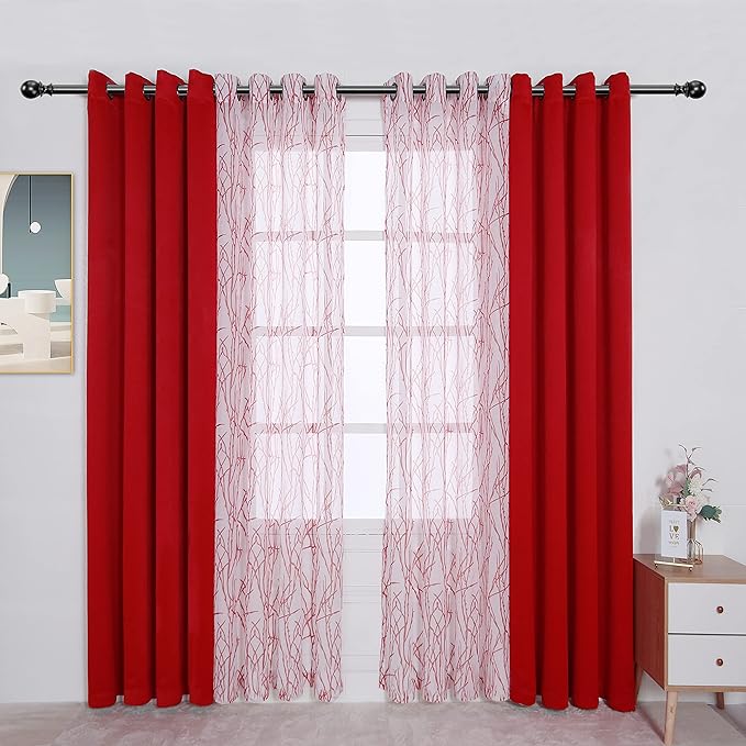 BONZER Mix and Match Curtains - 2 Pieces Branch Print Sheer Curtains and 2 Pieces Blackout Curtains for Bedroom Living Room Grommet Window Drapes, 54x95 Inch/Panel, Red, Set of 4 Panels