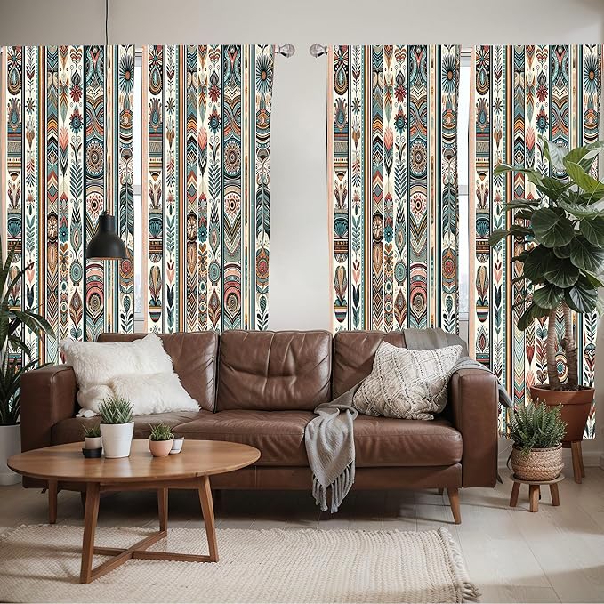 Ambesonne Ethnic Window Curtains Pack of 2, Folkloric Style Floral Ornaments with Bohemian Oriental Motifs as Stripes, Lightweight Set with Rod Pocket, 4 Panels of - 28" x 95", Teal Coral and Orange
