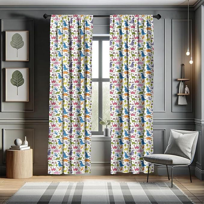 Ambesonne Dino Window Curtains, Cartoon Style Colorful Dinosaurs T-Rex Triceratops Prehistoric Reptile Wildlife, Lightweight Decor 2-Panel Set with Rod Pocket, Pair of - 28" x 63", Blue Green