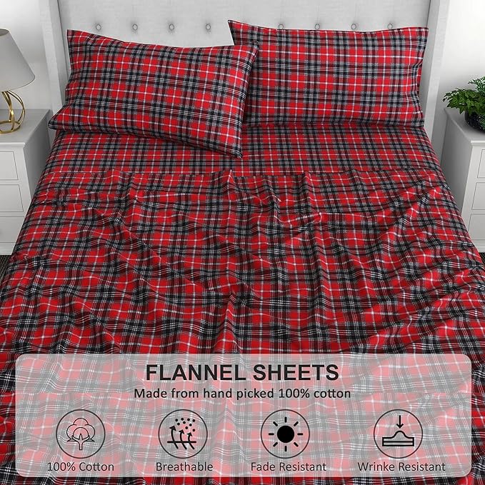 RUVANTI Flannel Sheets Full Size - 100% Cotton Double Brushed Bed Sheets Set, Deep Pockets 16 Inches, All Seasons Breathable & Extra Soft Full Sheets, Warm & Cozy, 4 Piece, Red Plaid