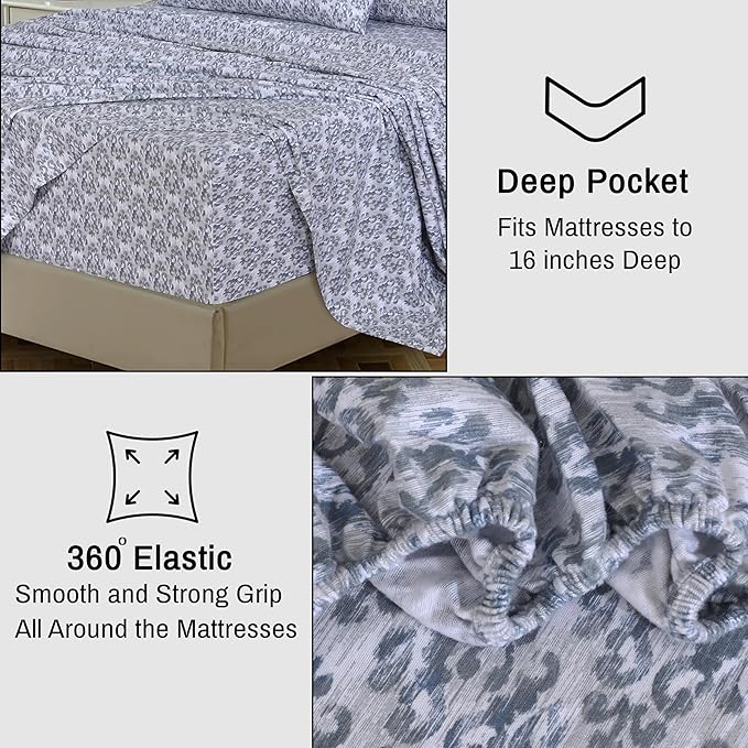 RUVANTI Flannel Sheets Full Size - 100% Cotton Double Brushed Bed Sheets Set, Deep Pockets 16 Inches, All Seasons Breathable & Extra Soft Full Sheets, Warm & Cozy, 4 Piece, Damask