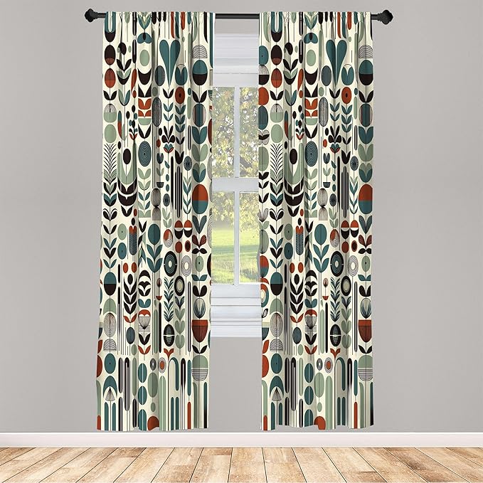 Ambesonne Leafy Art Curtains, Scandinavian Leaves Pattern with Geometric Roundy Modern Boho Print, Window Treatments 2 Panel Set for Living Room Bedroom, Pair of - 28" x 63", Pale Green Redwood Teal