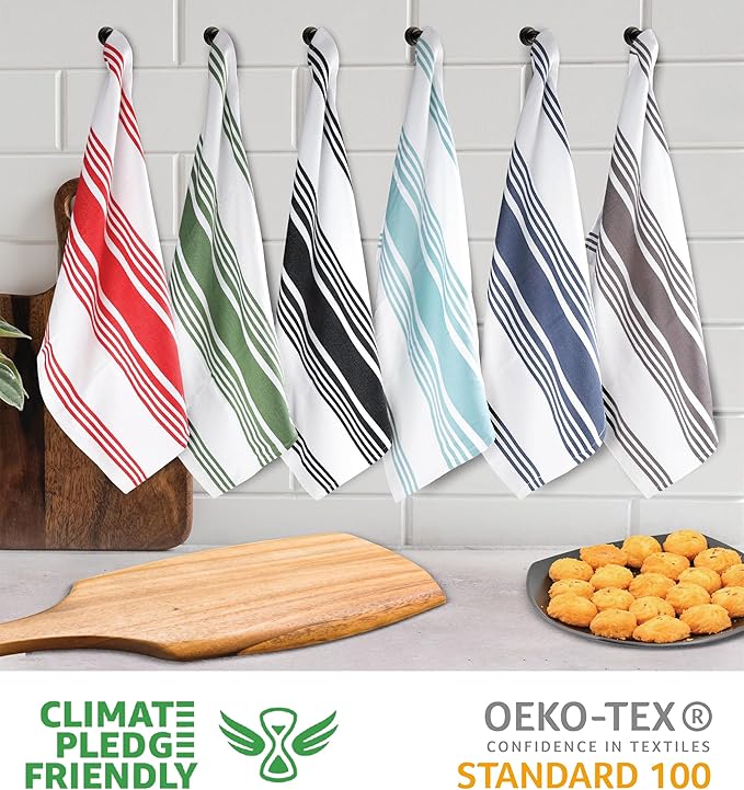 Urban Villa KitchenTowels 100% Cotton Pack of 6 Highly Absorbent Quick Drying Super Soft Premium Dish Towels for Kitchen with Hanging Loop Hand & Tea Towels - 20x30 Inch (Multi Color Striped)