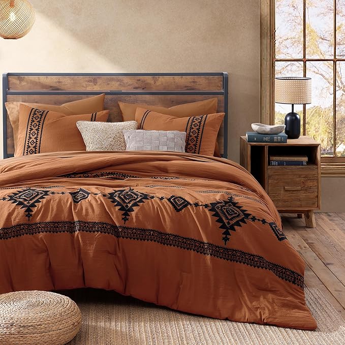 MaiRêve Burnt Orange Embroidery Comforter Set King Size - 7 Pieces, Farmhouse Western Bedding Sets All Season, Boho Bed in A Bag King with Sheets, Comforters, Pillowcases & Shams