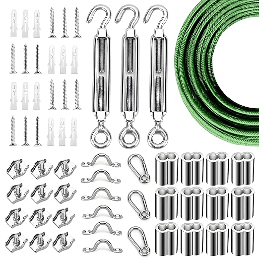 Globe String Light Suspension Kit, Outdoor Light Guide Wire, Vinyl Coated Stainless Steel Steel Cable，Include 150ft Transparent PVC and 304 Stainless Steel Wire Cable, Turnbuckle and Hooks