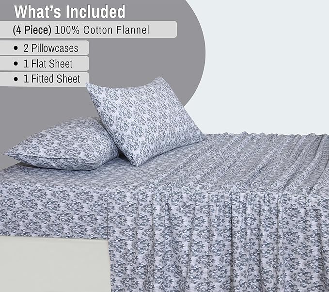 RUVANTI Flannel Sheets Queen Size - 100% Cotton Double Brushed Bed Sheets, Deep Pockets 16 Inches Queen Sheet Set, All Seasons Breathable & Extra Soft - Warm & Cozy, 4 Piece, Damask