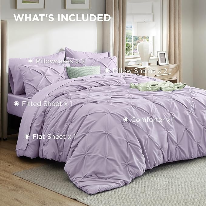 Bedsure King Size Comforter Set Light Purple - Bed in a Bag Bedding Set 7 Pieces, GentleSoft™ Pintuck Bed Set Gift for Family, Pinch Pleat Light Purple Comforter with Sheets, Pillowcases & Shams
