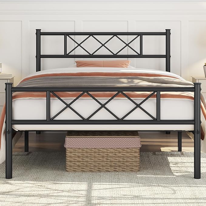 Yaheetech Twin Size Metal Platform Bed Frame with Simple Headboard and Footboard, Mattress Foundation for Under Bed Storage, Steel Slat Support, No Box Spring Needed, Easy Assembly, Black