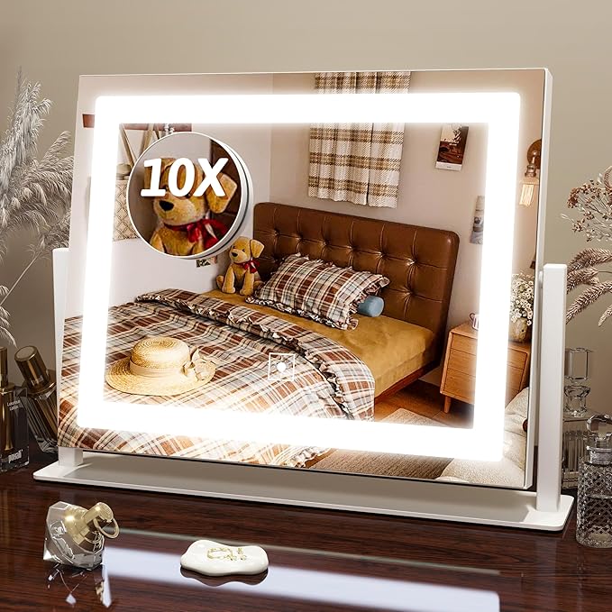 FENNIO Vanity Mirror with Lights, 12" x 16" Lighted Makeup Mirror with Smart Touch Control, 3 Color Modes & Brightness Adjustable, LED Makeup Mirror with 10X Magnification, 360° Rotation for Bedroom