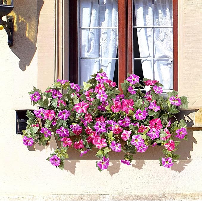 Artificial Hanging Fake Flowers with Basket Plants for Outdoor Decoration, Faux Silk Flower UV Resistant Morning Glory for Home Porch Patio Garden Balcony Yard Look Real (Red Lotus)