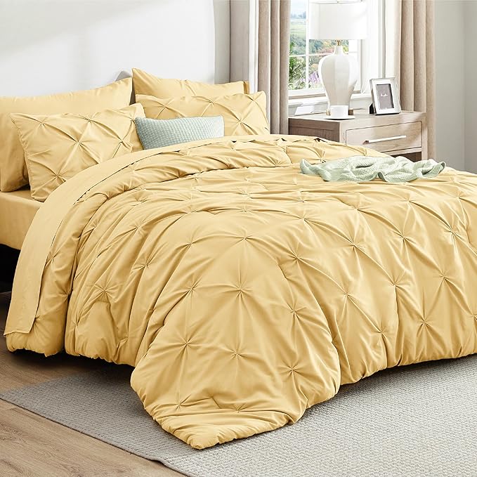 Bedsure California King Comforter Set Yellow - Bed in a Bag Cal King Bedding Set 7 Pieces, GentleSoft™ Pintuck Bed Set Gift for Family, Pinch Pleat Yellow Comforter with Sheets, Pillowcases & Shams