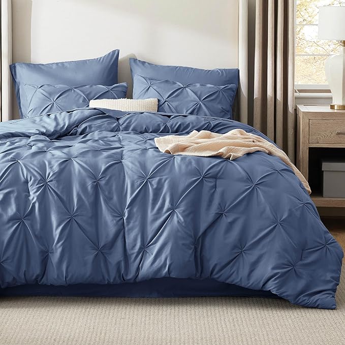 Bedsure King Size Comforter Set Slate Blue - Bed in a Bag Bedding Set 7 Pieces, GentleSoft™ Pintuck Bed Set Gift for Family, Pinch Pleat Slate Blue Comforter with Sheets, Pillowcases & Shams