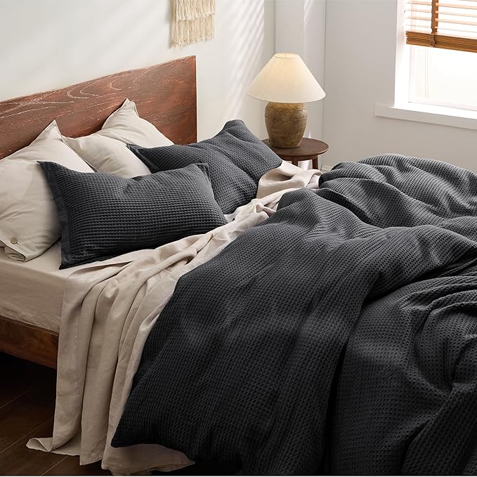 Bedsure Cotton Duvet Cover Full - 100% Cotton Waffle Weave Charcoal Duvet Cover Set, GentleSoft™ and Breathable Bedding Set for All Season, 3 Pieces, 80"x90"
