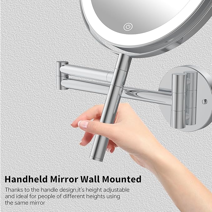 8" Wall Mounted Makeup Mirror with Handle, 3 Color Lights Dimmable and 1X/10X Magnification, Rechargeable Bathroom Wall Mount Magnifying Mirror with Extension Arm Height Adjustable Chrome
