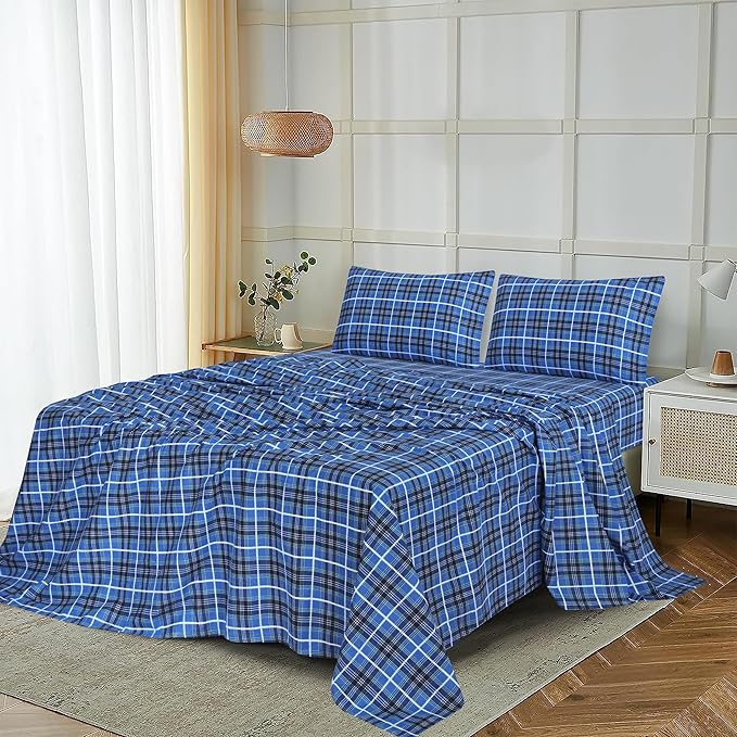 RUVANTI Flannel Sheets Twin Size - 100% Cotton Double Brushed Twin Sheets Set, Deep Pockets 16 Inches, All Seasons Breathable & Extra Soft Bed Sheets, Warm & Cozy, 3 Piece, Blue Plaid