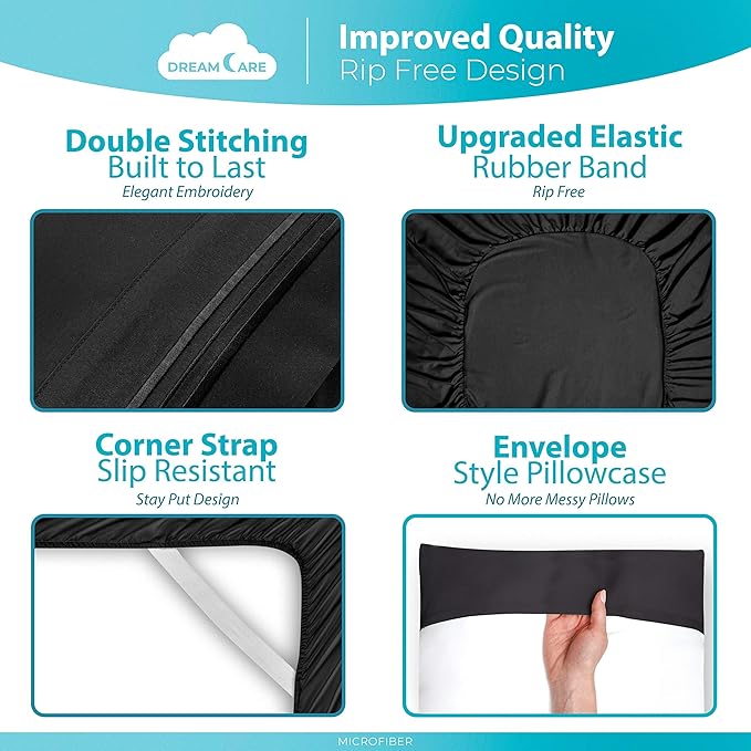 DREAMCARE Queen Sheet Set – 6 pcs Cooling Bed Sheets – up to 15” Deep Sheets Queen Size Bed Set – 2500 Supreme Collection – Extra Soft 100% Brushed Microfiber Hotel Luxury with Side Pocket – Black