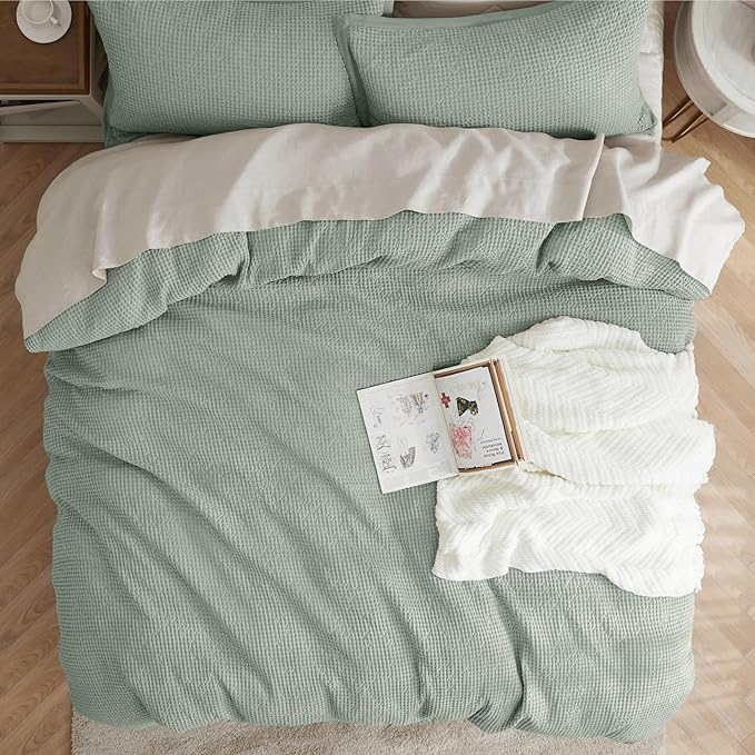 Bedsure Cotton Duvet Cover Queen - 100% Cotton Waffle Weave Sage Green Duvet Cover Queen Size, GentleSoft™ and Breathable Bedding Set for All Season, 3 Pieces, 90"x90"