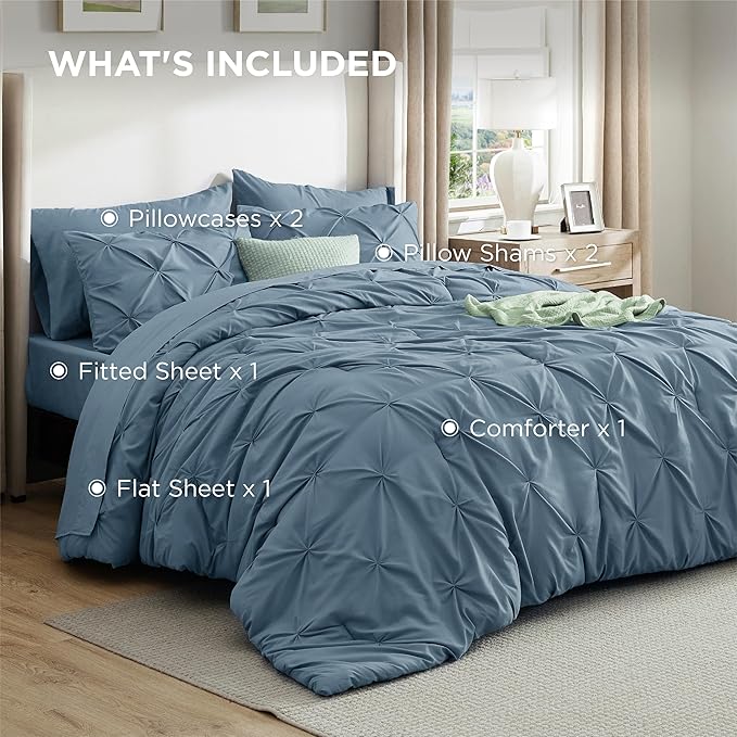 Bedsure Twin Comforter Set Mineral Blue - Bed in a Bag Twin Size Bedding 5 Pieces, GentleSoft™ Pintuck Bed Set Gift for Family, Pinch Pleat Mineral Blue Comforter with Sheets, Pillowcase & Sham