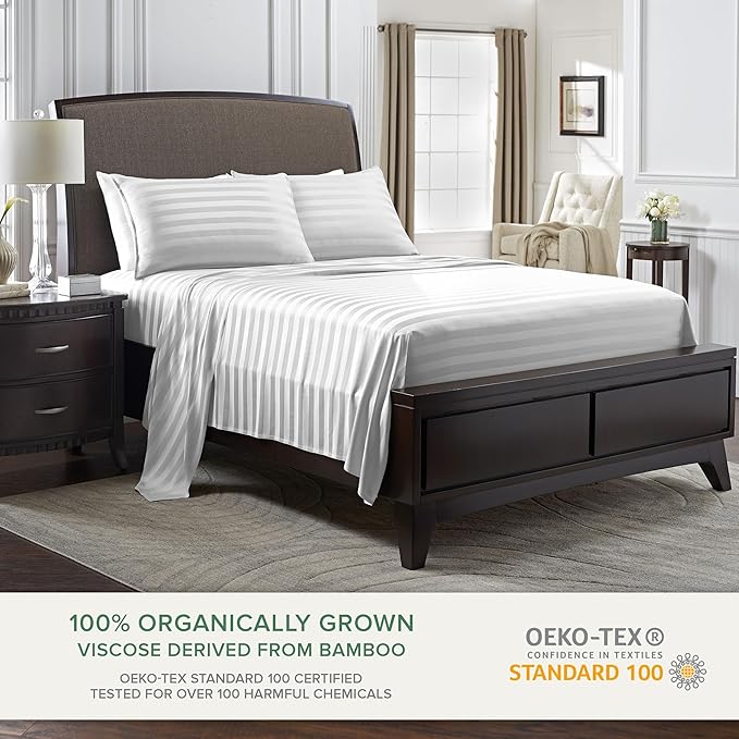 Twin Sheets by Pure Bamboo, Genuine 100% Organic Viscose Derived from Bamboo Bed Sheet Set, Luxuriously Soft & Cooling, Double Stitching, Lifetime Quality Promise (Twin, Jacquard White)