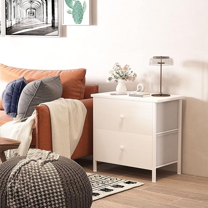 BOLUO White Nightstand with Drawer Dresser for Bedroom Nightstands,Night Stand and Dressers Sets End Table with 2 Fabric Drawers Organizer Modern