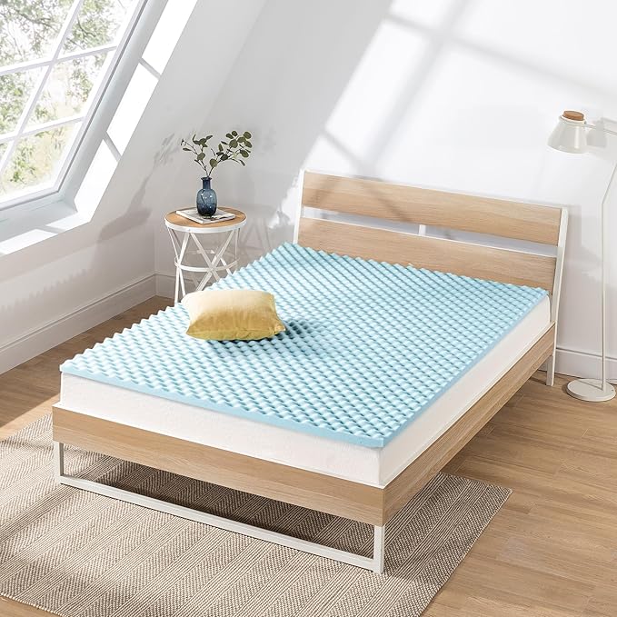 Best Price Mattress 1.5 Inch Egg Crate Memory Foam Mattress Topper, Cooling Gel Infusion, Twin, Dorm Essentials, Blue