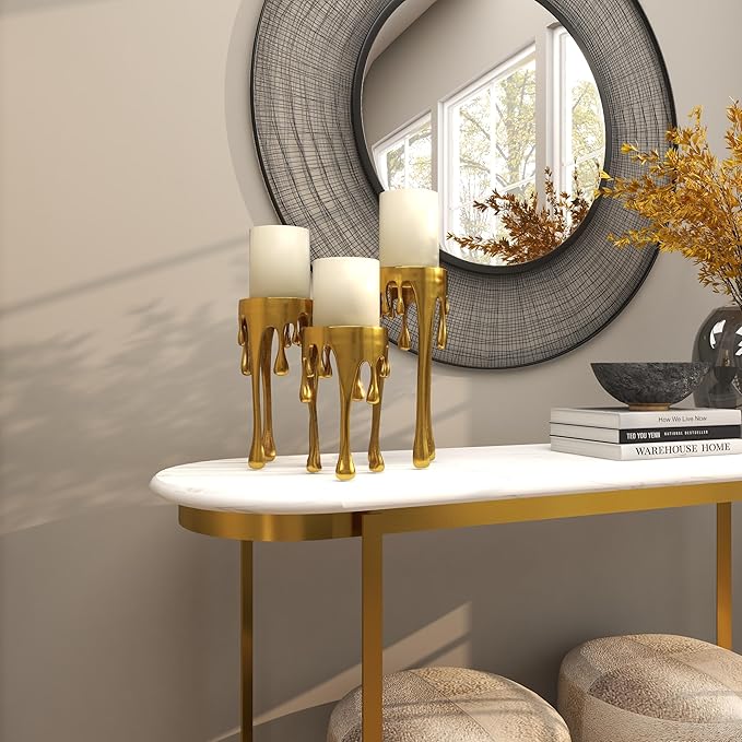 CosmoLiving by Cosmopolitan Aluminum Metal Abstract Decorative Candle Holder Melting Drip Candle Stand, Set of 3 Candlestick Holder 12", 10", 8"H, Gold