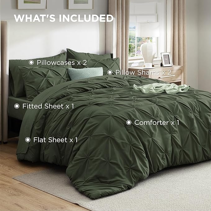 Bedsure King Size Comforter Set Olive Green - Bed in a Bag Bedding Set 7 Pieces, GentleSoft™ Pintuck Bed Set Gift for Family, Pinch Pleat Olive Green Comforter with Sheets, Pillowcases & Shams