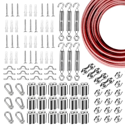 Globe String Light Suspension Kit, Outdoor Light Guide Wire, Vinyl Coated Stainless Steel Steel Cable，Include 200ft Transparent PVC and 304 Stainless Steel Wire Cable, Turnbuckle and Hooks