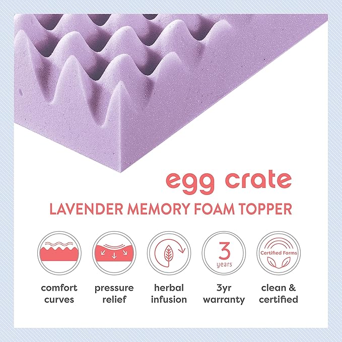 Best Price Mattress 1.5 Inch Egg Crate Memory Foam Mattress Topper with Soothing Lavender Infusion, CertiPUR-US Certified, Dorm Essentials, Queen