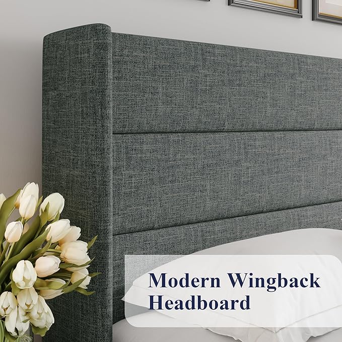 Allewie King Size Lift Up Storage Bed, Modern Wingback Headboard, Hydraulic Support, No Box Spring Needed, Dark Grey