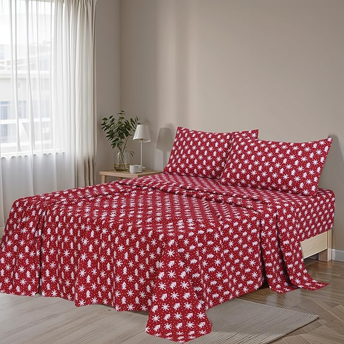RUVANTI Flannel Sheets Twin Size - 100% Cotton Double Brushed Twin Sheets Set, Deep Pockets 16 Inches, All Seasons Breathable & Extra Soft Bed Sheets, Warm & Cozy, 3 Piece, Red Christmas