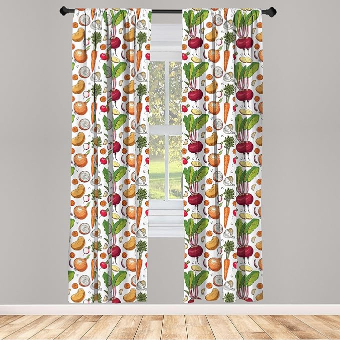 Ambesonne Vegetables 2 Panel Curtain Set, Continuous Pattern of Sketchy Painted Healthy Natural Tasty Food Illustration, Window Treatment Living Room Bedroom Decor, Pair of - 28" x 95", Green Orange