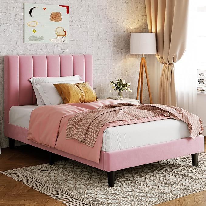 Allewie Twin Bed Frame/Velvet Upholstered Bed Frame with Vertical Channel Tufted Headboard/Strong Wooden Slats/Platform Bed Frame/Mattress Foundation/Box Spring Optional/Easy Assembly/Pink