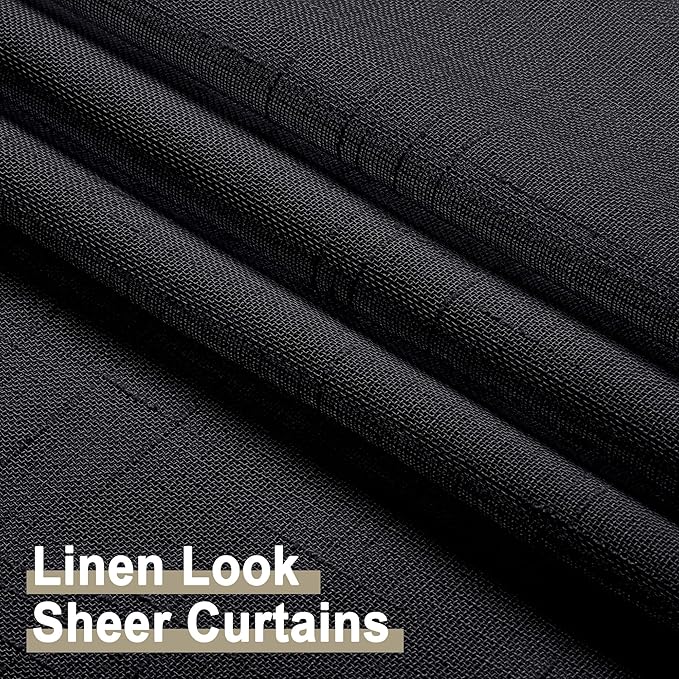 Aiyufeng Kirei 2 PCS Black Sheer Textured Curtains 36 inch Length, Faux Linen Textured Soft Elegant Short Cafe Curtains for Farmhouse Bathroom Bedroom Small Windows, Each 30Wx36L inch