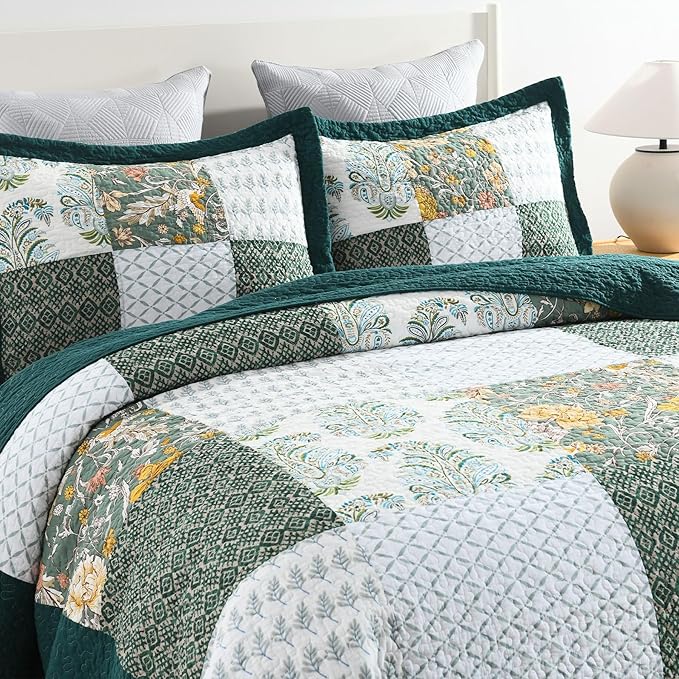 Secgo Queen Comforter Set for Bed - 100% Cotton Quilts Queen Size, Green, Emerald Bedspreads (90 * 98 Inch) with 2 Pillow Shams, Patchwork Reversible Lightweight Bedding