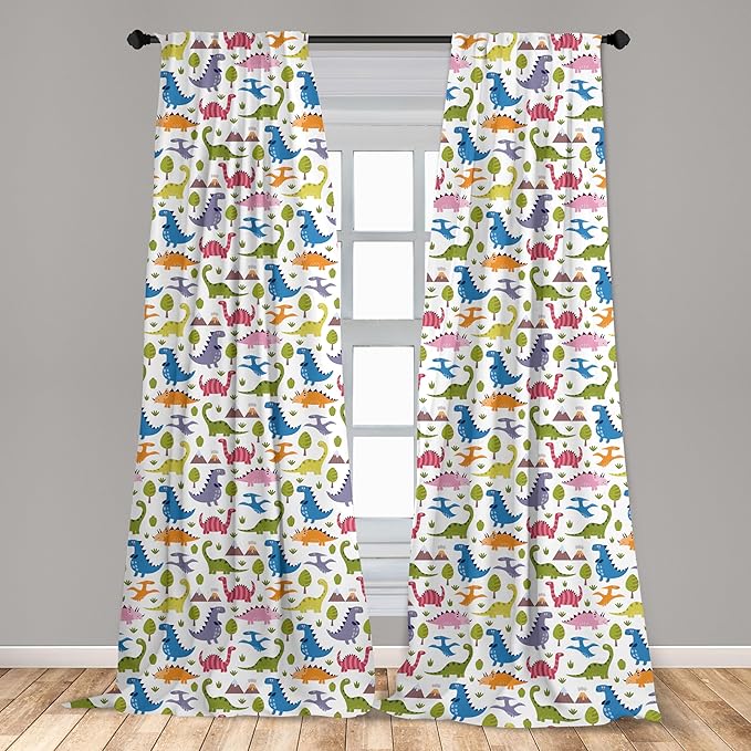 Ambesonne Dino Window Curtains, Cartoon Style Colorful Dinosaurs T-Rex Triceratops Prehistoric Reptile Wildlife, Lightweight Decor 2-Panel Set with Rod Pocket, Pair of - 28" x 63", Blue Green