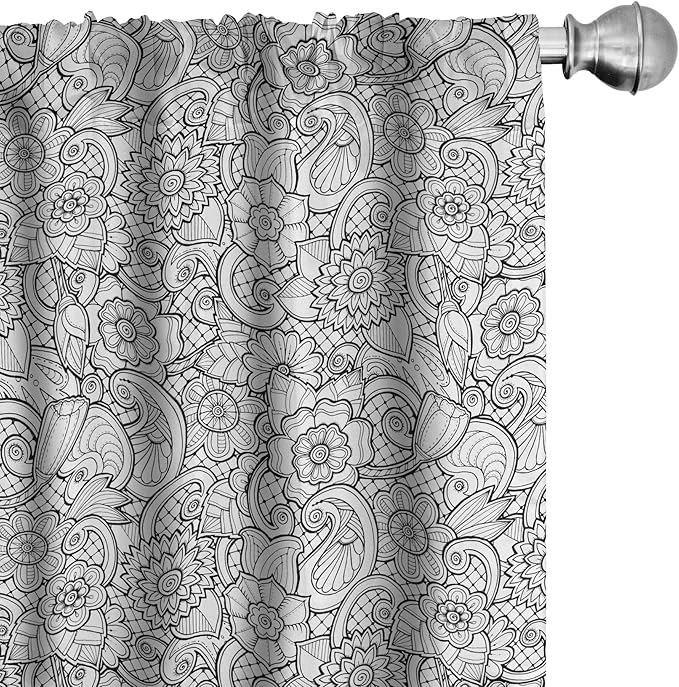 Ambesonne Black and White Window Curtains, Paisley Design with Sketch Style Flowers Leaves on Monochrome Background, Decor 2-Panel Set with Rod Pocket, Pair of - 28" x 84", White and Charcoal