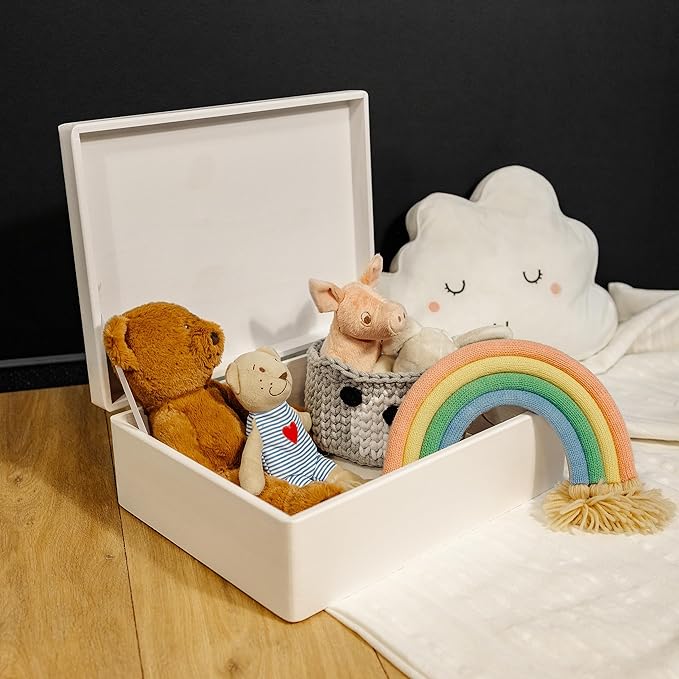 XL White Wooden Box Storage with Hinged Lid | 15.8x11.8x5.5in (+-0.5) | Gift Box for Tool Dog Toy Shoes Clothes Kitchen Storage | Wood Keepsake Chest