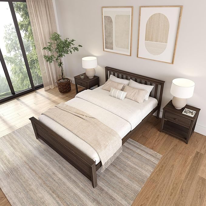 Plank+Beam Solid Wood Queen Bed Frame, Platform Bed with Headboard, Walnut